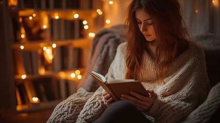 Woman Reading Book Cozy at Home with Warm Lights Around