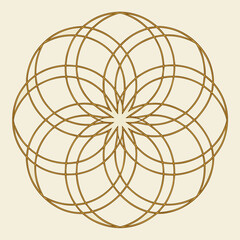 Vector art of intricate golden geometric pattern with a central starburst effect, creating a mesmerizing and sacred design