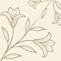 Vector art of elegant outline illustration of blooming lilies with leaves on a subtle cream background, showcasing natural beauty and delicate floral design