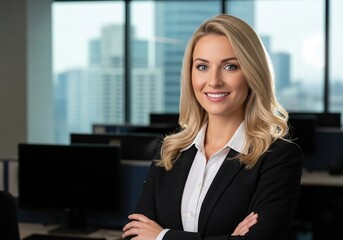 Confident businesswoman with arms crossed in modern office