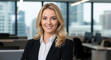Confident businesswoman smiling in a modern office setting