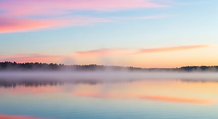 Fototapeta premium Peaceful sunrise over a misty lake with pastel colored sky