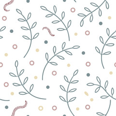 Obraz premium Vector art of seamless pattern with delicate botanical branches and small dots, isolated on white background
