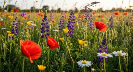Vibrant Tapestry of Wildflowers: Poppies and Lupines in Golden Sunset Light