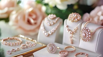 Fototapeta premium Elegant Diamond Jewelry Displayed on White Stands with Soft Background of Roses