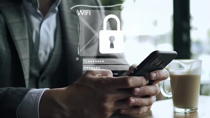 Mans Hand Holding Mobile Phone with Digital Lock Overlay and Cappuccino on Wooden Table in Natural Lighting with Blurred Background - Powered by Adobe