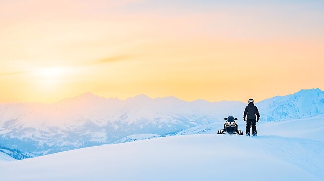 Lone snowmobiler and machine in a vast snowy landscape at sunset - Powered by Adobe