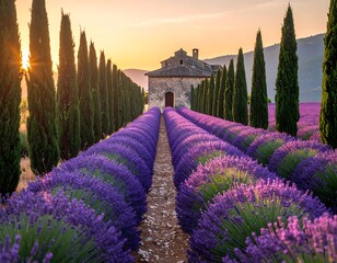 Sunrise over rows of lavender, a stone chapel sits between two lines of cypress trees