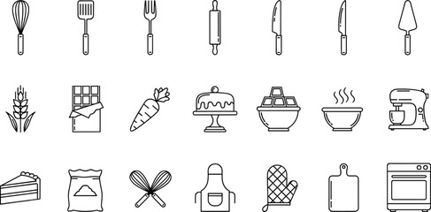 Baking tools, kitchen utensils, ingredients, mixer, oven, cake icons, outline vector style for bakery, cooking, pastry, food design