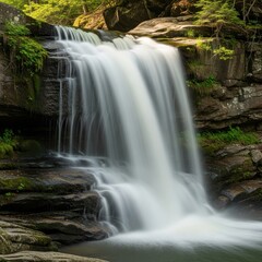Fototapeta premium Serene Waterfall Cascading Over Mossy Rocks in Lush Forest, Long Exposure.