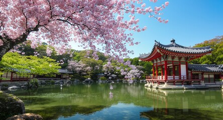 Fototapeta premium Serene Pond, Cherry Blossoms Asian Architecture Peaceful Garden Escape