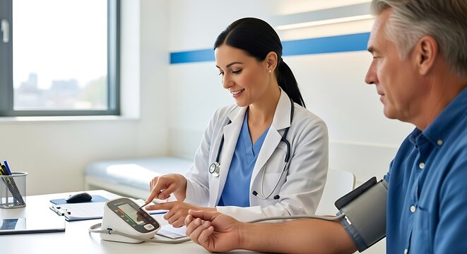 Smiling female doctor taking senior male patients blood pressure in modern clinic.