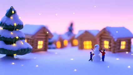 Charming miniature winter village scene with a snow covered christmas tree and two small figures building a snowman under a soft twilight sky with falling snow