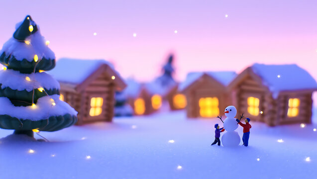 Charming miniature winter village scene with a snow covered christmas tree and two small figures building a snowman under a soft twilight sky with falling snow - Powered by Adobe