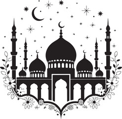 Mosque Silhouette in Crescent Moon with Starry Night A Symbol of Islamic Art and Culture
