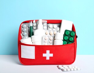 Red first-aid kit full of assorted medications