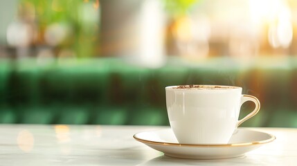 Fototapeta premium A white cup of coffee on a saucer with a blurred background