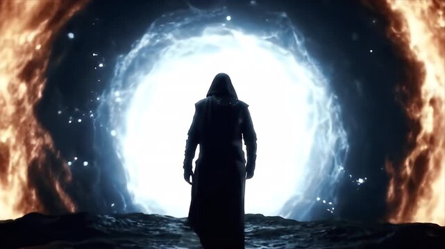 Mysterious figure walking towards a bright portal. Silhouette of a person in hooded cloak, framed by otherworldly energy. Conceptual representation of travel, time, future, and mystery