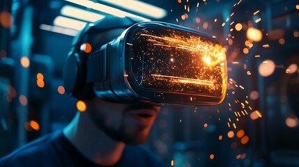 Man Experiencing Virtual Reality with Headset and Glowing Visual Effects