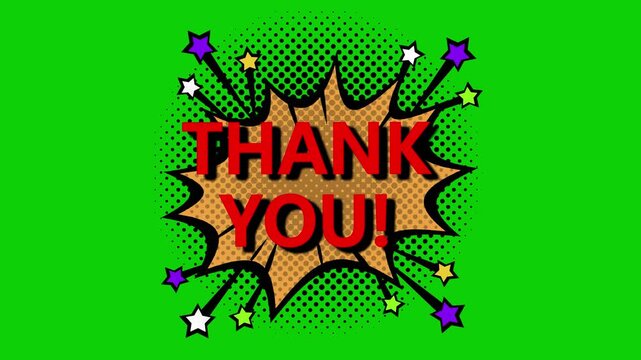 Animated Comic Thank you ! Text Pop-Up with Explosion on Green Screen & Black Background, 4K