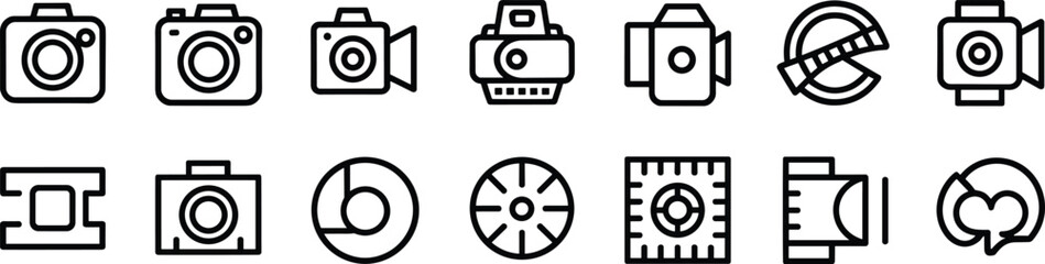 Camera icon set, photography symbols, video camera outline, lens illustration, digital camera design, film elements, media technology graphics collection