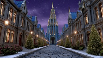 Fototapeta premium Midnight Scene with Tower and Cathedral in Europe