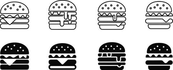 Burger icons set, fast food symbols, cheeseburger illustration, sandwich line art, restaurant menu, snack silhouette, meal graphic, lunch logo collection