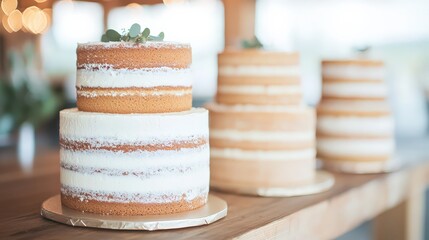 A set of beautifully layered, naked cakes with a simple design, adorned with greenery, displayed on a wooden table in a softly lit setting.