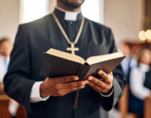 Priest holding open Bible in church