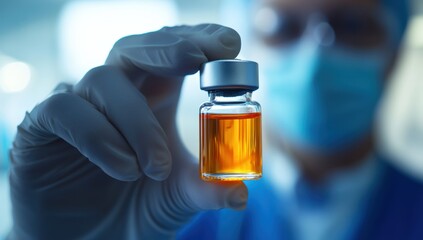 Gloved hand presenting vaccine vial