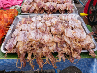 Dried squid for grilling and selling at street markets