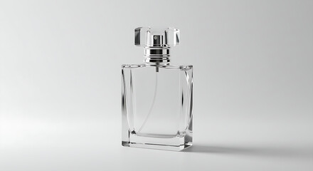 A clean, empty glass perfume bottle with a crystal cap, set against a pristine white background.