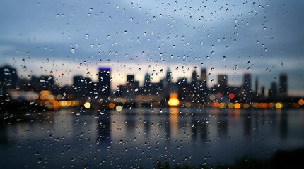 Rainy day city view through window with raindrops and city skyline reflection wallpaper