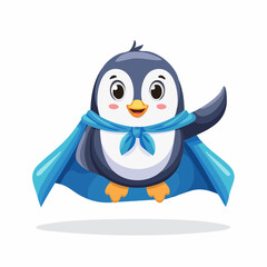 Cute cartoon penguin superhero character flying with a waving blue cape. Adorable animal mascot vector illustration.
