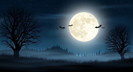 Eerie Night Scene with Full Moon Bats and Leafless Trees