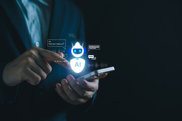 AI agent chatbot tech, voice assistant for customer service, futuristic smart automation, AI-powered chatbot on tablet, digital business support, artificial intelligence conversation bot.