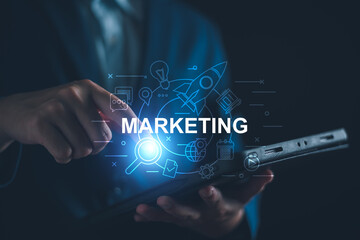 Digital marketing business concept, businessman with Ecommerce market strategy, SEO, advertising plan, AI technology analysis economic trend