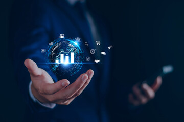 Digital marketing business concept, businessman with Ecommerce market strategy, SEO, advertising plan, AI technology analysis economic trend
