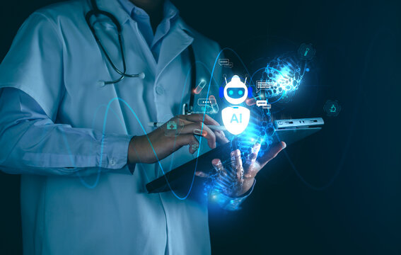 Healthcare AI and medical DNA, Medicine doctor touching tablet, digital healthcare diagnosis for patient, Health insurance, Science, Medical research and development.