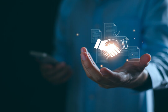 Businessman manage digital procurement process with business contract, invoice, approval documents, representing B2B sourcing, vendor management, supply chain.