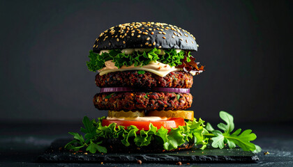 Gourmet Black Burger Stacked High with Fresh Ingredients, Dark Aesthetic.