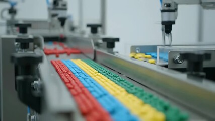 Robotic arm sorting colorful pills on a factory production line. - Powered by Adobe