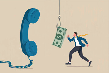 Man chasing money dangling from a fishing hook connected to a vintage telephone isolated on transparent background