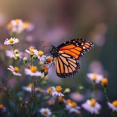 Naklejka premium Monarch butterfly gracefully perched on delicate daisies, bathed in soft light and beautiful colors.