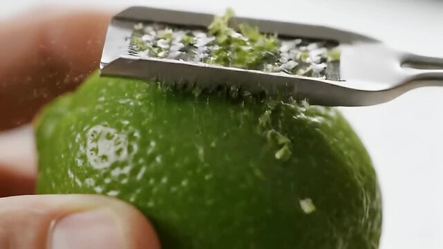 Zesting a fresh green lime with a citrus zester, close-up view.