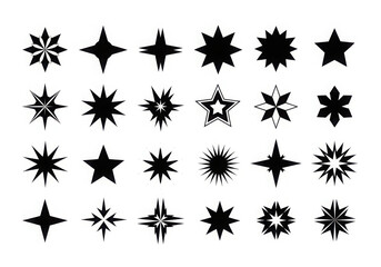 Collection of diverse black star shapes and sparkle icons
