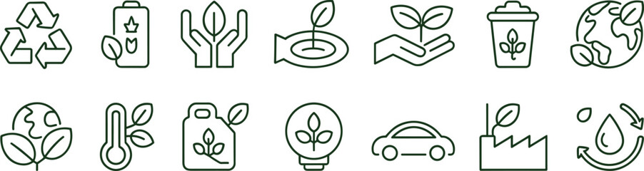 Eco icons, green energy, recycling, sustainability, renewable resources, climate change, eco friendly lifestyle, environmental protection, clean energy, nature conservation, flat illustration