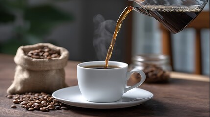 Freshly Brewed Coffee Pouring into White Cup Surrounded by Coffee Beans