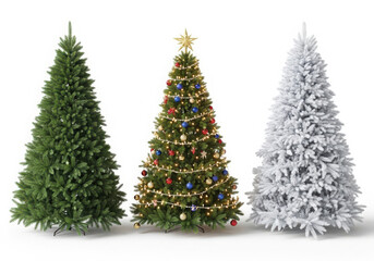 Three christmas trees in a row one green one decorated and one white