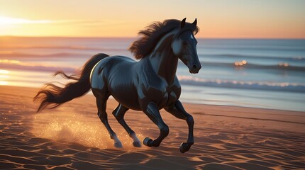 black stallion horse at sunset in the beach